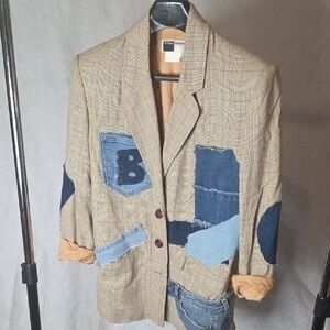 Willi Smith Beige Plaid Blazer with Blue Denim Patchwork